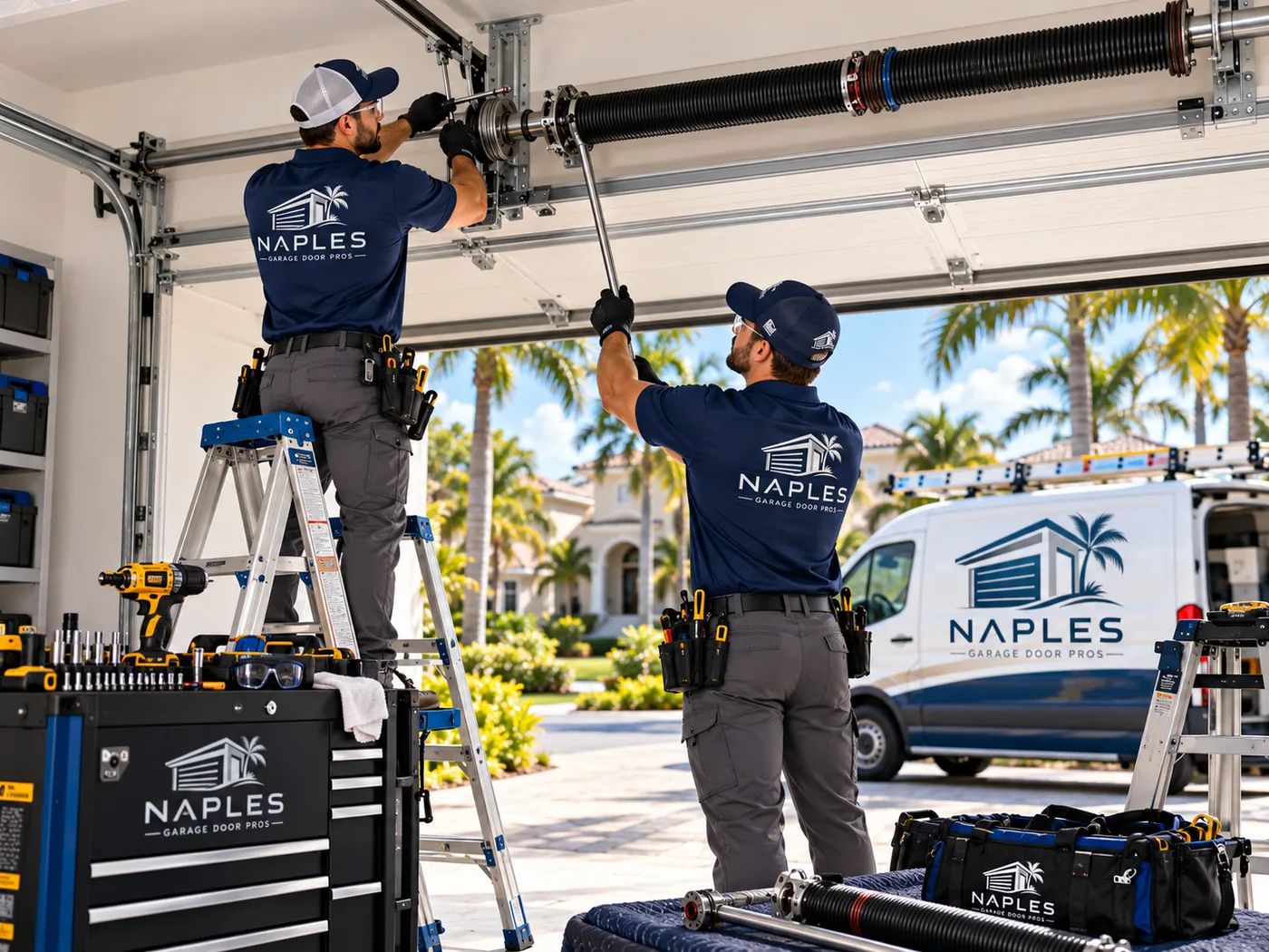 Two technicians setting a new torsion spring with winding bars above a garage door