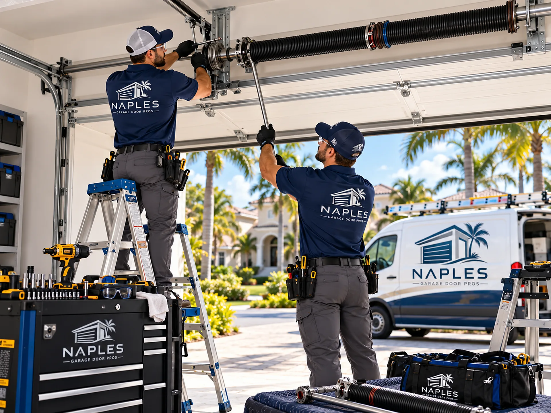Two technicians replace a torsion spring with winding bars above a garage door, a new spring laid out on a moving blanket beside a tool bag and the company van