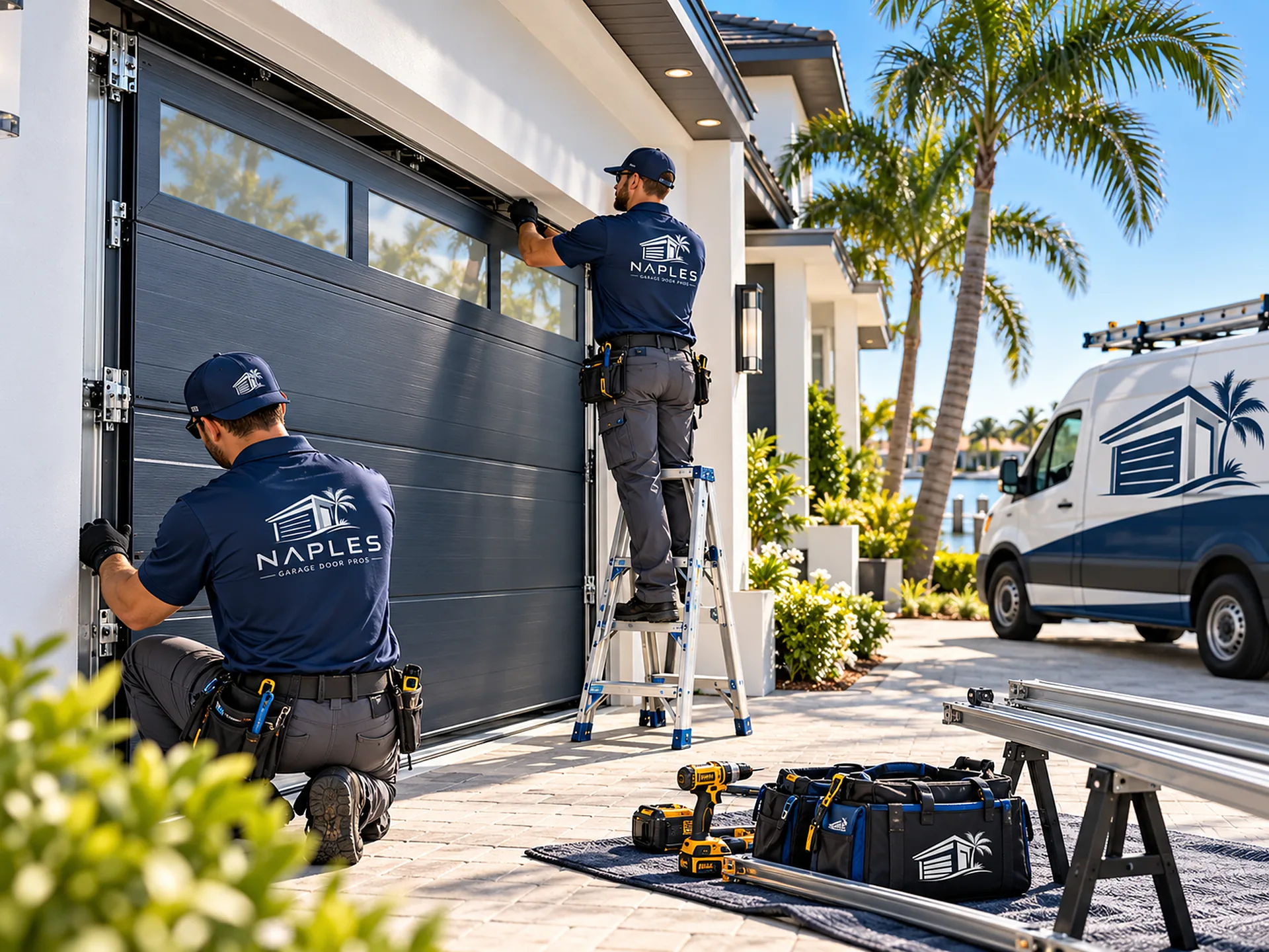 Two installers fitting a new windowed garage door, one kneeling and one up a ladder, tools on a blanket and a canal with docks past the van