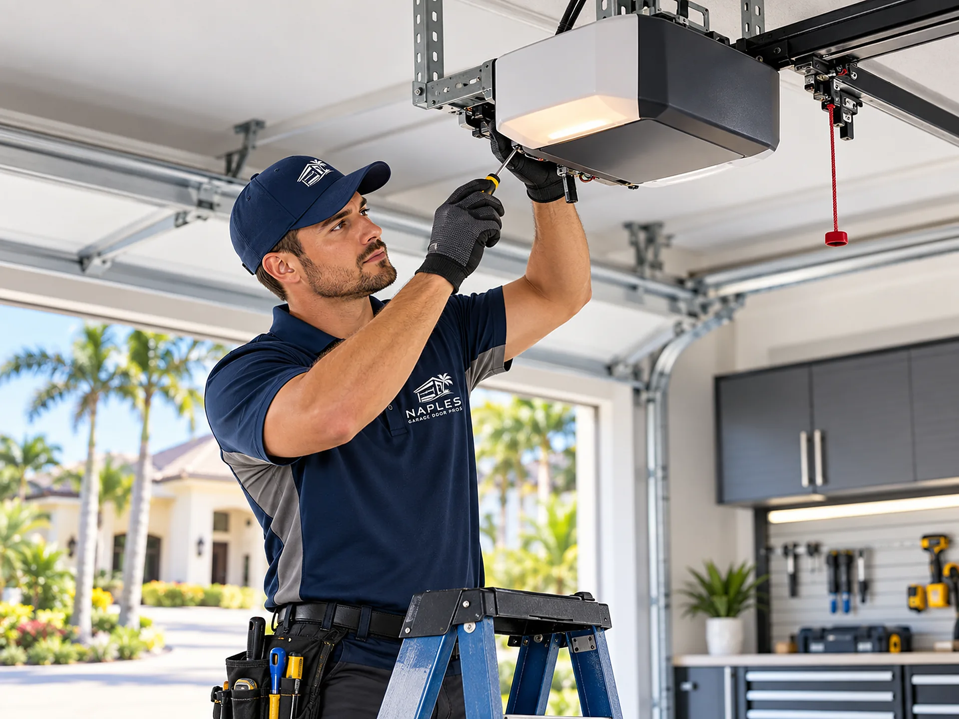 A technician on a blue stepladder works on a ceiling-mounted garage door opener with a screwdriver, in a tidy garage with cabinets and a tool wall
