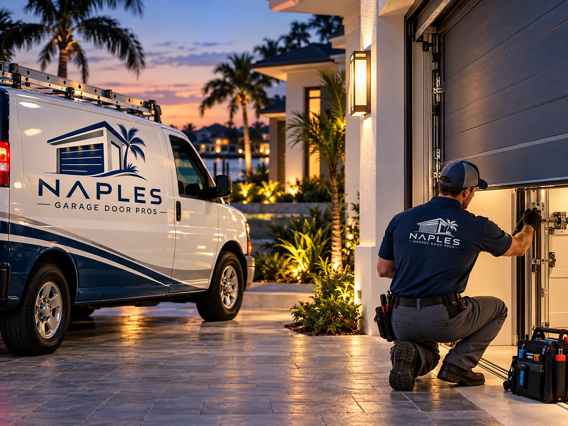 At sunset, a technician kneels at a half-open garage door with the garage lit inside, a company van in the driveway and lit houses across the water