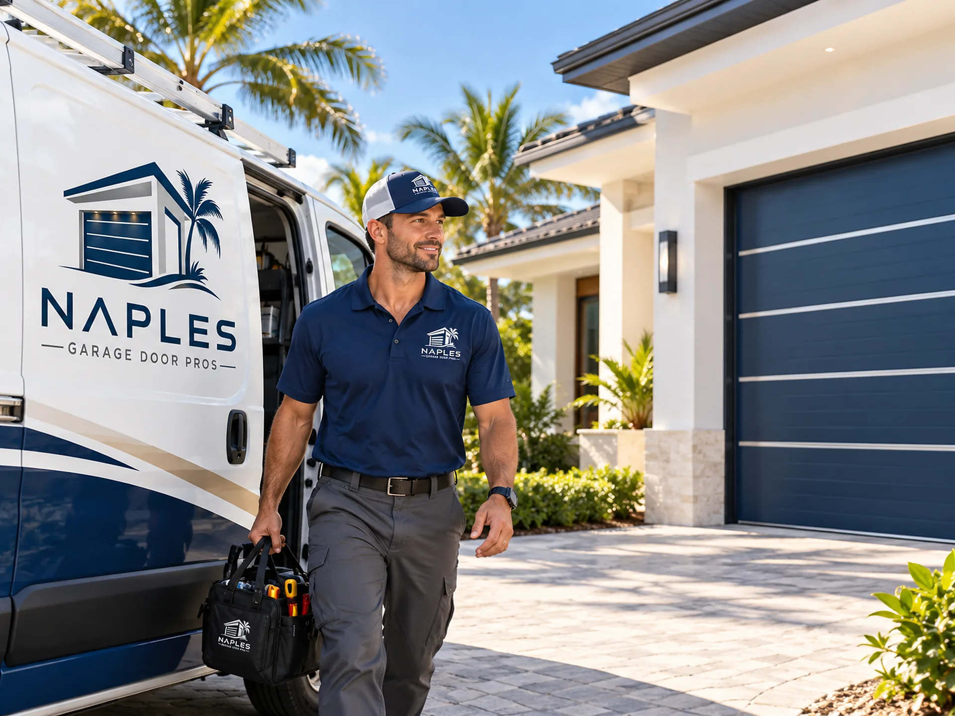A technician in a navy polo walking from the lettered work van toward a house with a navy sectional garage door, tool bag in hand