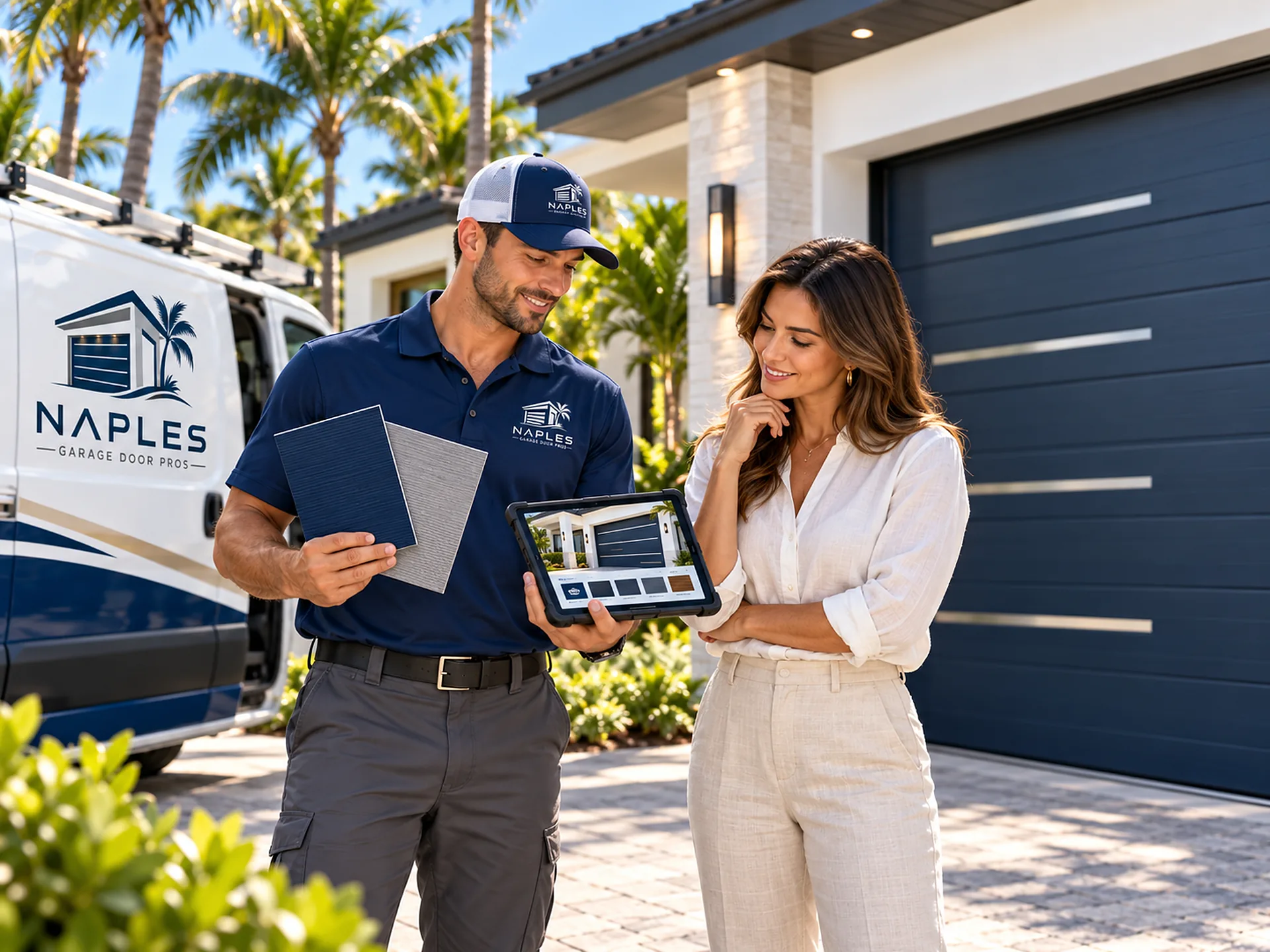 A technician holding up color samples and a tablet with a door preview for a homeowner, with a lettered van and a blue garage door behind them