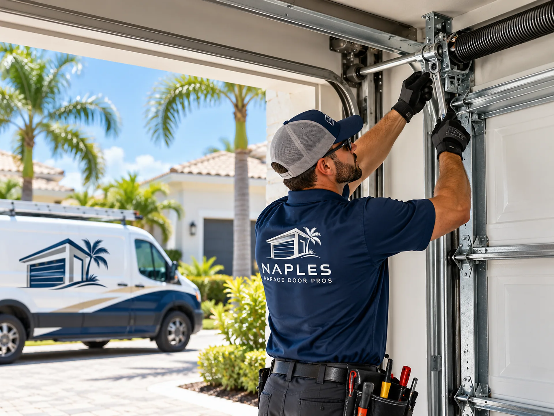 A technician seen from behind works at the center bracket of the torsion spring above an open garage door, with a company van and palm trees outside