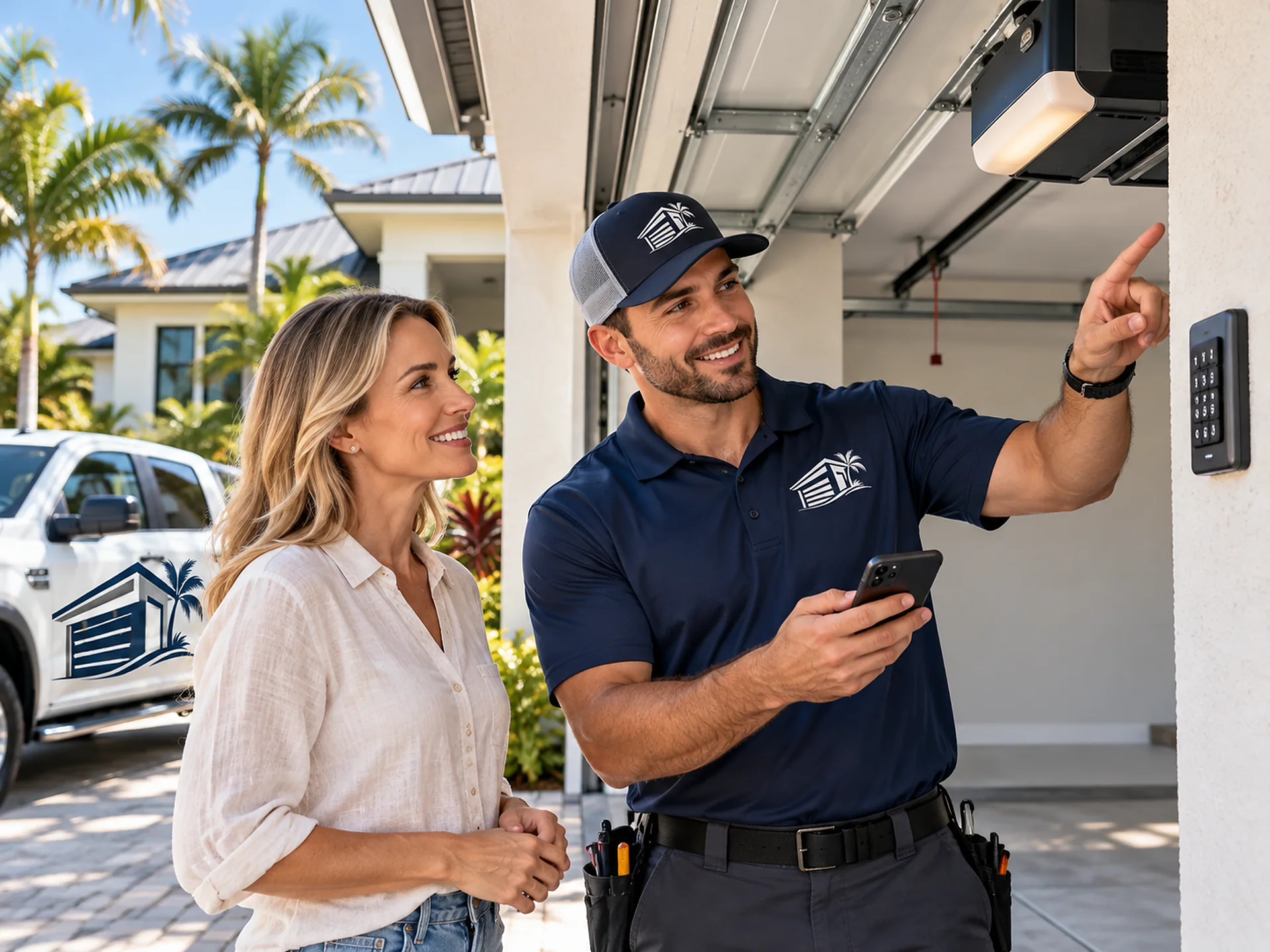 A smiling technician, phone in hand, points to the wall keypad and the opener beside the homeowner, with a pickup bearing the company emblem parked outside